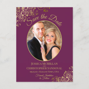 Gold Lace on Cassis Wedding Save the Date Photo Announcement Postcard