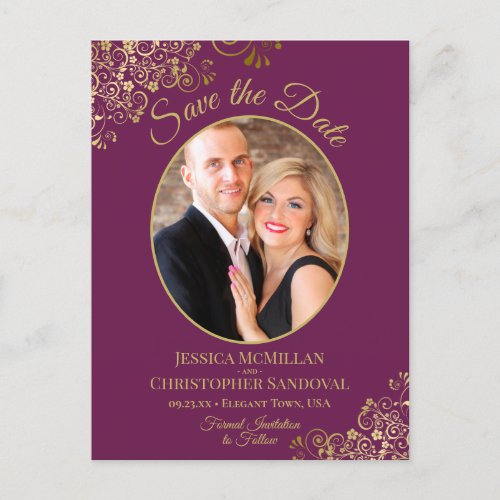 Gold Lace on Cassis Wedding Save the Date Photo Announcement Postcard