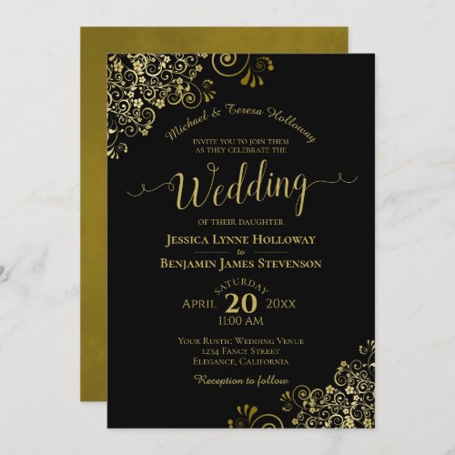 Gold Lace on Classic Black Elegant Formal Wedding Invitation