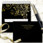 Gold Lace on Classic Black Elegant Wedding Envelope<br><div class="desc">This beautiful wedding envelope is features a classic black background with gold floral curls and swirls on the inside flap. There is a printed return address on the back flap in fancy script lettering. The design is understated and simple, yet classic, chic and ornate. Perfect way to make your wedding...</div>