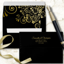 Gold Lace on Classic Black Elegant Wedding Envelope