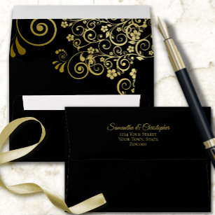 Gold Lace on Classic Black Elegant Wedding Envelope
