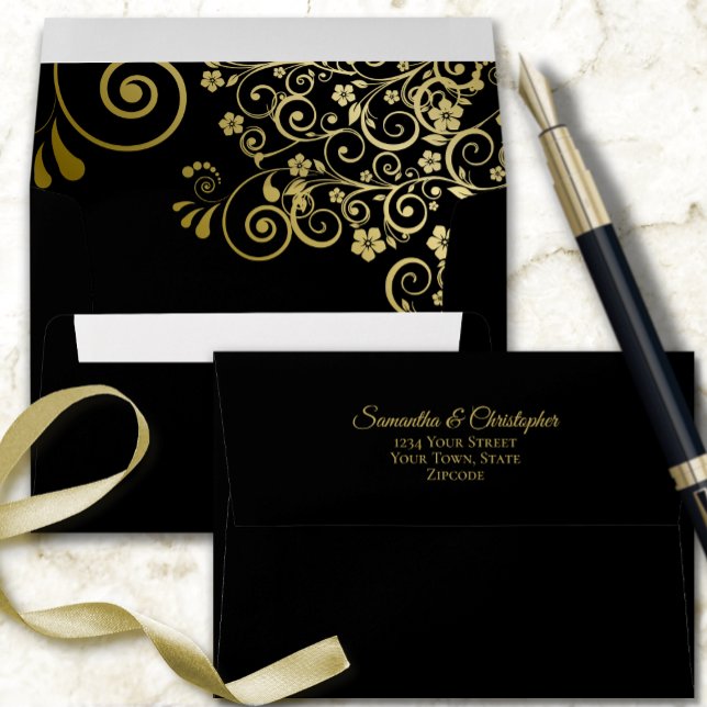 Gold Lace on Classic Black Elegant Wedding Envelope (Creator Uploaded)