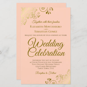 Gold Lace on Coral BUDGET Wedding Invitation Large
