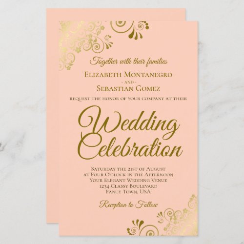 Gold Lace on Coral BUDGET Wedding Invitation Large