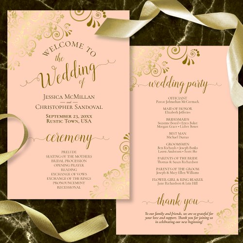Gold Lace on Coral Peach Budget Wedding Program