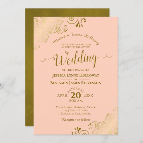Gold Lace on Coral Peach Elegant Formal Wedding Invitation