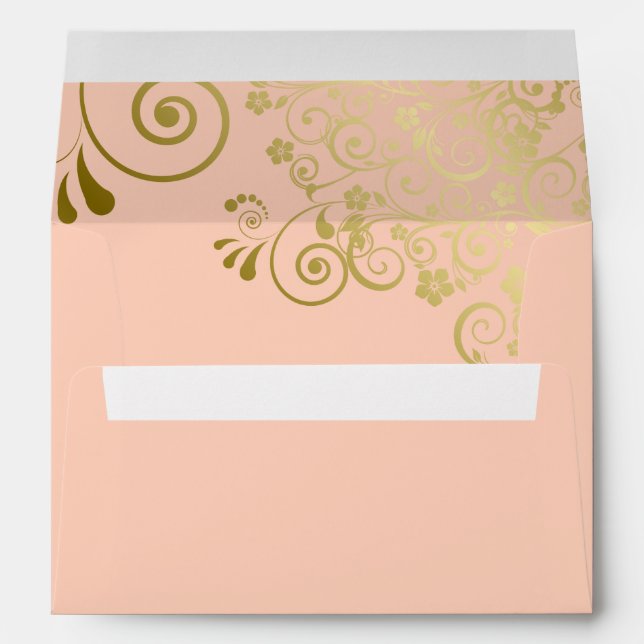 Gold Lace on Coral Peach Elegant Wedding Envelope (Back (Bottom))