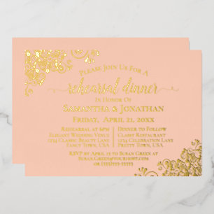 Gold Lace on Coral Peach Wedding Rehearsal Dinner Foil Invitation