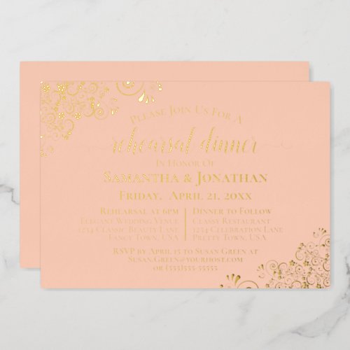 Gold Lace on Coral Peach Wedding Rehearsal Dinner Foil Invitation