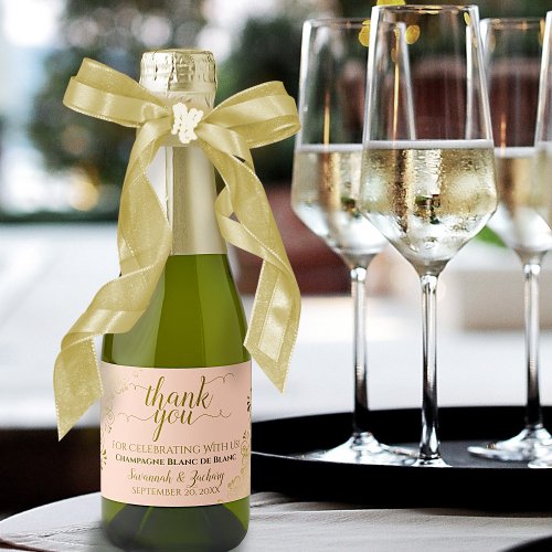 Gold Lace on Coral Peach Wedding Thank You Mini Sparkling Wine Label