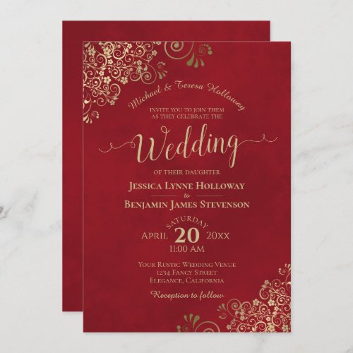 Gold Lace on Crimson Red Elegant Formal Wedding Invitation