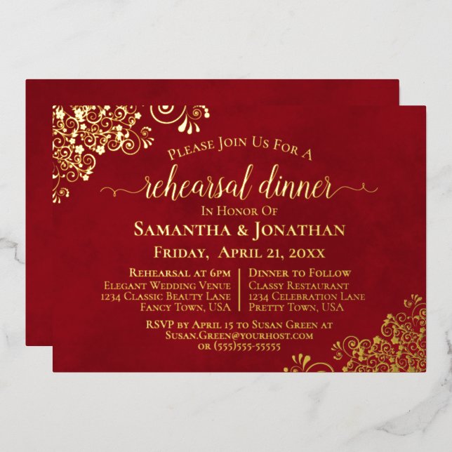Gold Lace on Crimson Red Wedding Rehearsal Dinner Foil Invitation (Front/Back)