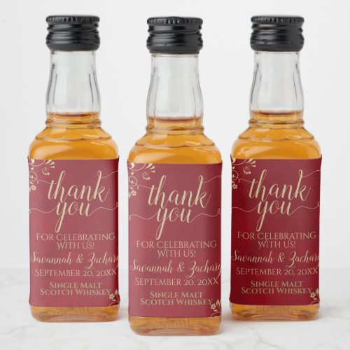 Gold Lace on Crimson Red Wedding Thank You Mini Liquor Bottle Label