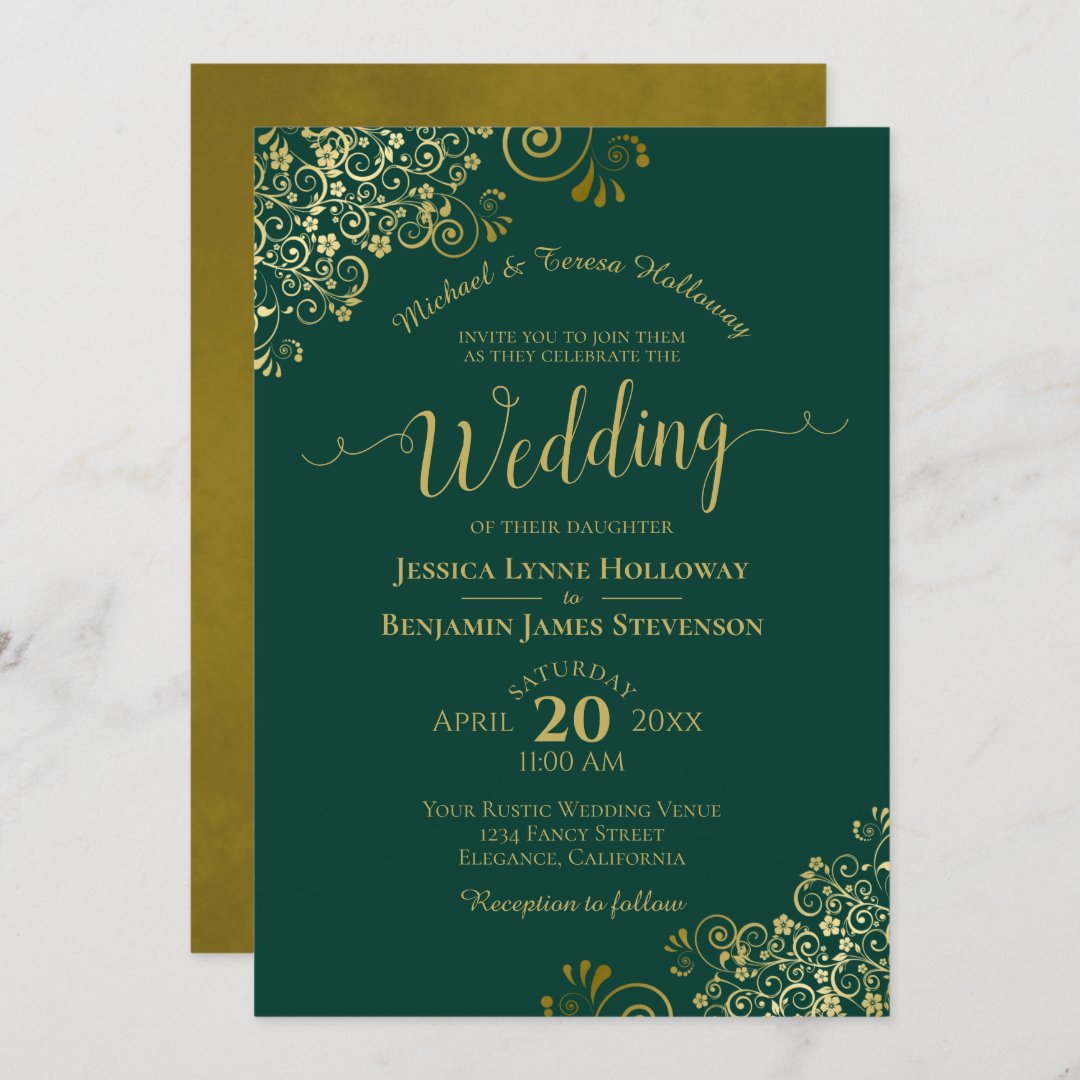 Gold Lace on Emerald Green Elegant Formal Wedding Invitation | Zazzle