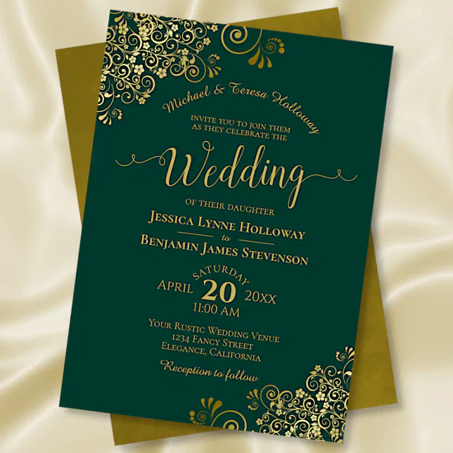 Gold Lace on Emerald Green Elegant Formal Wedding Invitation | Zazzle