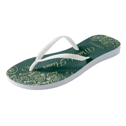 Gold Lace on Emerald Green Maid of Honor Wedding Flip Flops