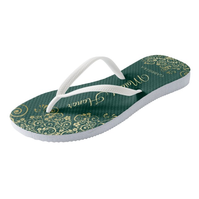 Gold Lace on Emerald Green Maid of Honor Wedding Flip Flops (Angled)