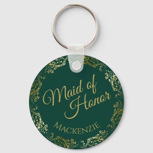 Gold Lace on Emerald Green Maid of Honor Wedding Keychain
