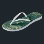 Gold Lace on Emerald Green The Bride Wedding Flip Flops<br><div class="desc">Dance the night away with these beautiful wedding flip flops. Designed for the bride, they feature a simple yet elegant design with gold colored script lettering on an emerald green colored background and fancy golden lace curls and swirls. Beautiful way to stay fancy and appropriate while giving your feet a...</div>