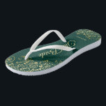 Gold Lace on Emerald Green The Bride Wedding Flip Flops<br><div class="desc">Dance the night away with these beautiful wedding flip flops. Designed for the bride, they feature a simple yet elegant design with gold colored script lettering on an emerald green colored background and fancy golden lace curls and swirls. Beautiful way to stay fancy and appropriate while giving your feet a...</div>