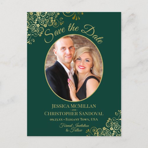 Gold Lace on Emerald Wedding Save the Date Photo Announcement Postcard