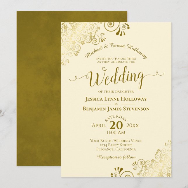 Gold Lace on Ivory Cream Elegant Formal Wedding Invitation (Front/Back)