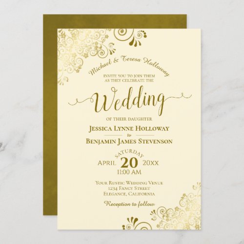 Gold Lace on Ivory Cream Elegant Formal Wedding Invitation