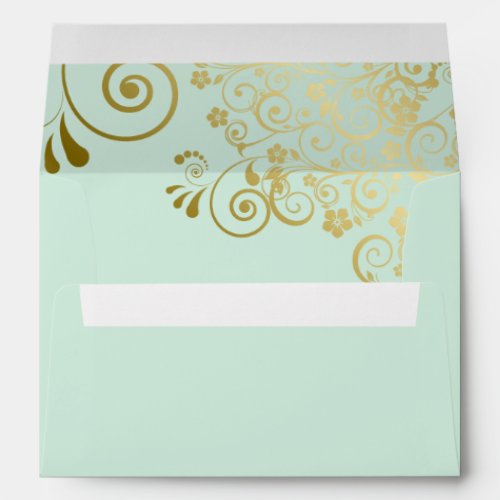 Gold Lace on Light Mint Green Elegant Wedding Envelope