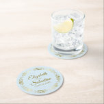 Gold Lace on Light Powder Blue Elegant Wedding Round Paper Coaster<br><div class="desc">These beautiful wedding coasters feature a simple yet elegant design with a golden faux foil lace border on a light powder blue colored background. There is gold script lettering with the couple's names and the wedding date. Wonderful wedding memento or save the date gift.</div>