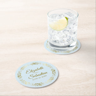 Gold Lace on Light Powder Blue Elegant Wedding Round Paper Coaster