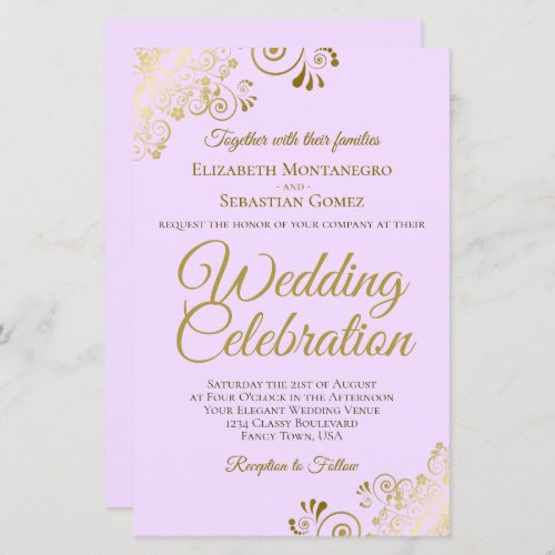 Gold Lace on Lilac BUDGET Wedding Invitation Large