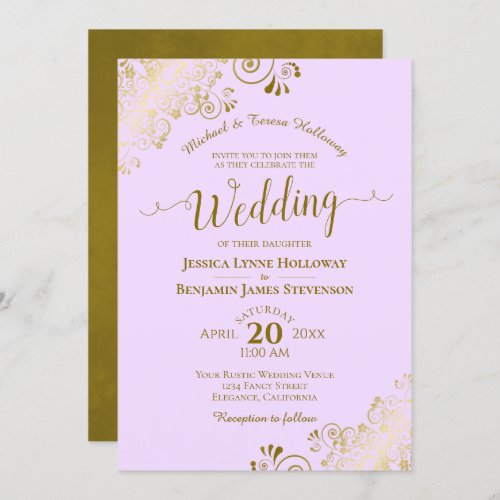 Gold Lace on Lilac Purple Elegant Formal Wedding Invitation