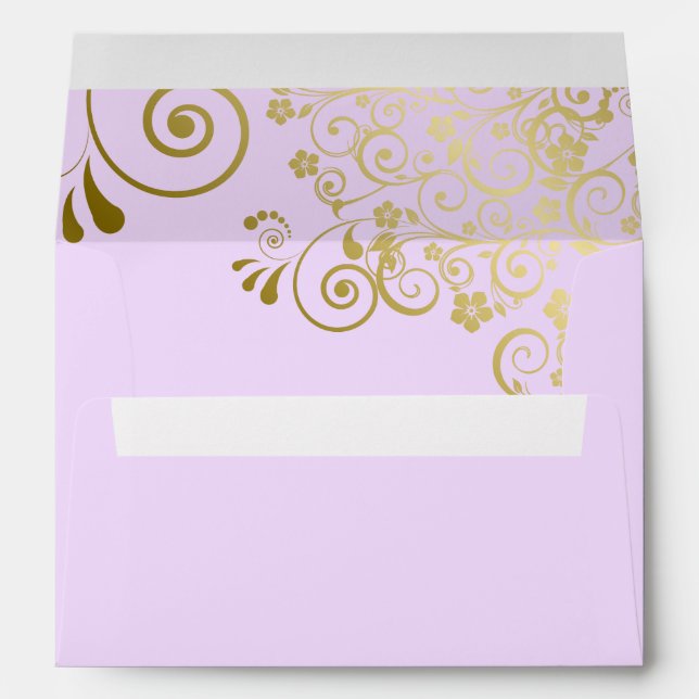 Gold Lace on Lilac Purple Elegant Wedding Envelope (Back (Bottom))