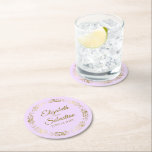 Gold Lace on Lilac Purple Elegant Wedding Round Paper Coaster<br><div class="desc">These beautiful wedding coasters feature a simple yet elegant design with a golden faux foil lace border on a light lilac purple colored background. There is gold script lettering with the couple's names and the wedding date. Wonderful wedding memento or save the date gift.</div>
