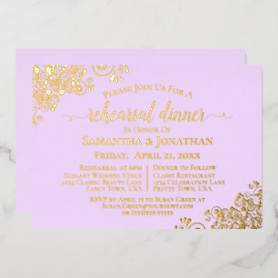 Gold Lace on Lilac Purple Wedding Rehearsal Dinner Foil Invitation