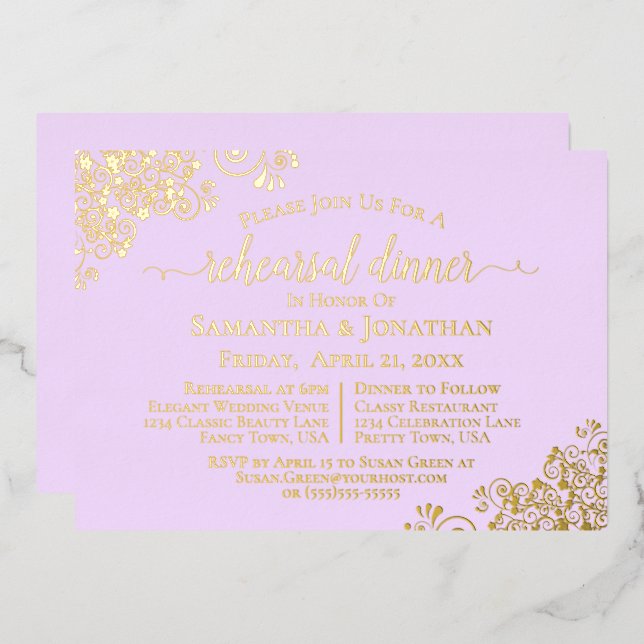 Gold Lace on Lilac Purple Wedding Rehearsal Dinner Foil Invitation (Front/Back)