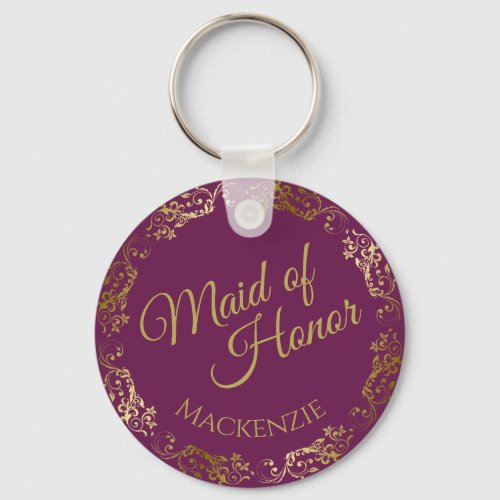 Gold Lace on Magenta Elegant Maid of Honor Wedding Keychain