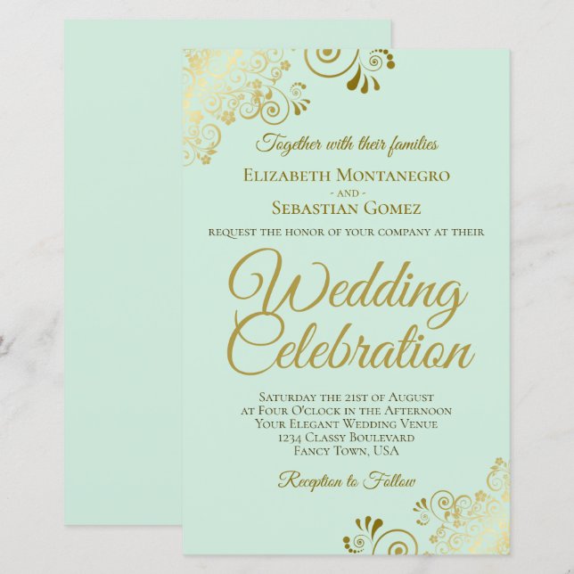 Gold Lace on Mint BUDGET Wedding Invitation Large (Front/Back)