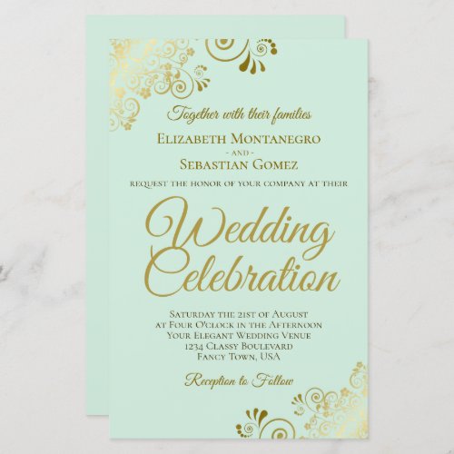 Gold Lace on Mint BUDGET Wedding Invitation Large