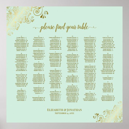Gold Lace on Mint Green Alphabetical Seating Chart