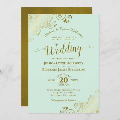 Gold Lace on Mint Green Elegant Formal Wedding Invitation