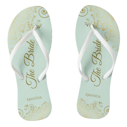 Gold Lace on Mint Green The Bride Elegant Wedding Flip Flops