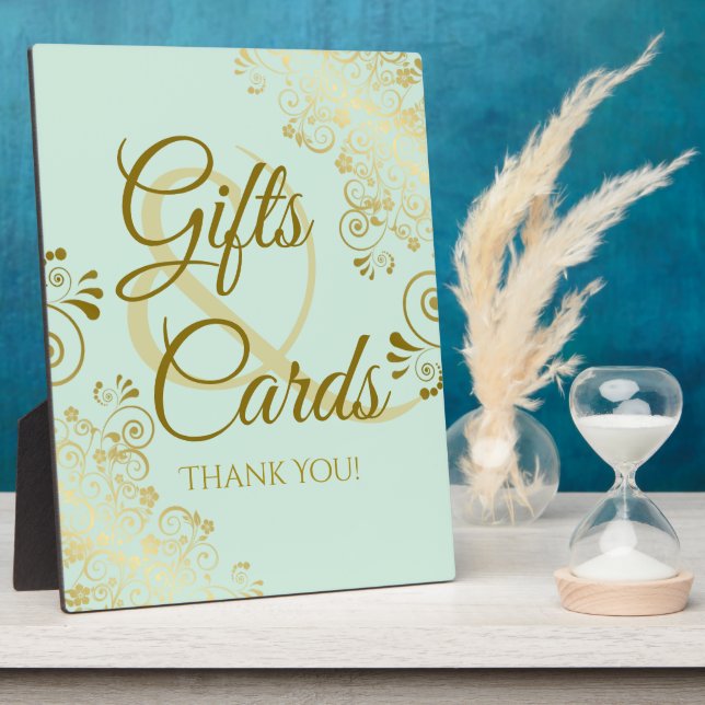 Gold Lace on Mint Green Wedding Gifts & Cards Sign Plaque (Side)
