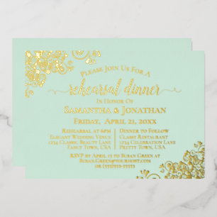 Gold Lace on Mint Green Wedding Rehearsal Dinner Foil Invitation