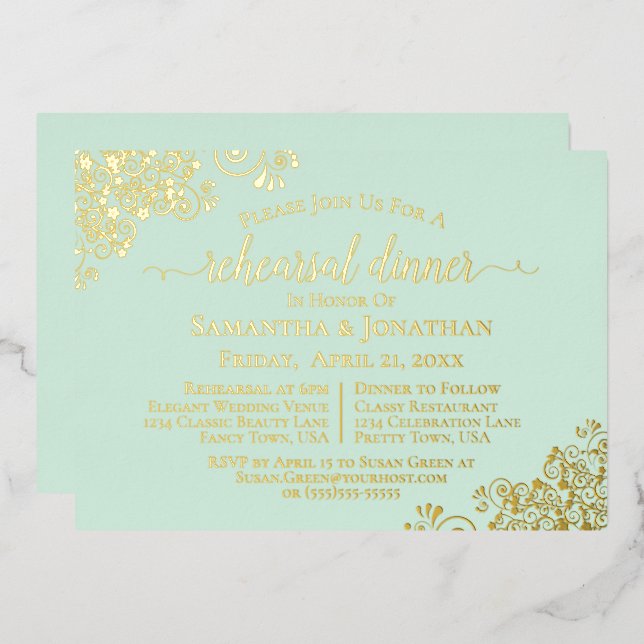 Gold Lace on Mint Green Wedding Rehearsal Dinner Foil Invitation (Front/Back)