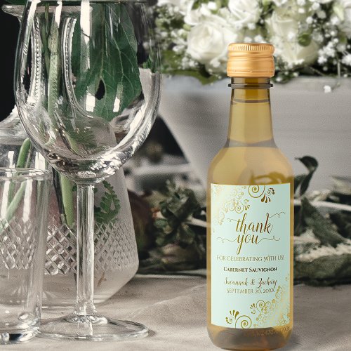 Gold Lace on Mint Green Wedding Thank You Mini Wine Label