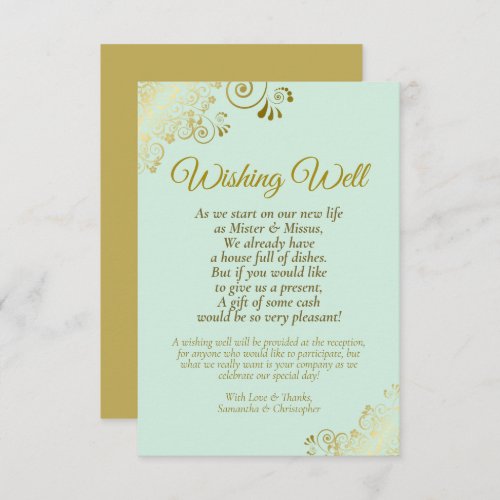 Gold Lace on Mint Green Wedding Wishing Well Poem Enclosure Card