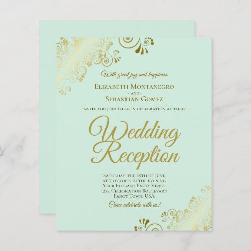 Gold Lace on Mint Wedding Reception BUDGET Invite