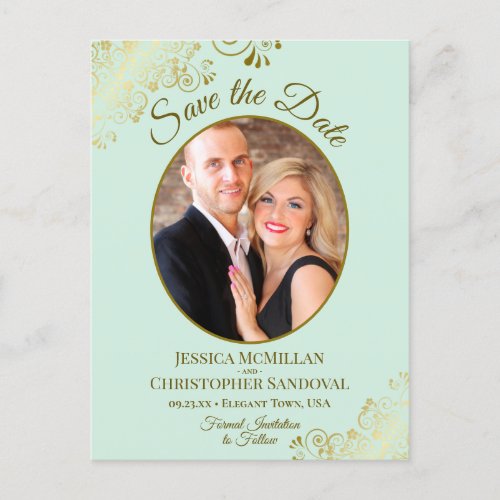 Gold Lace on Mint Wedding Save the Date Oval Photo Announcement Postcard